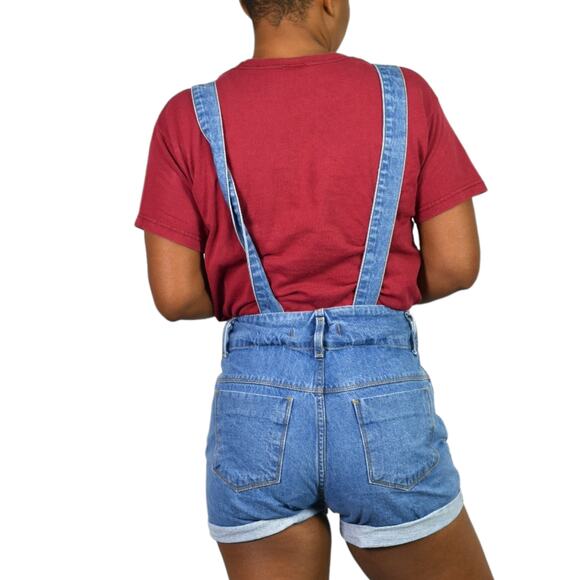 Vintage Blossom Jeans Bib Overall Blue Denim Shorts 80s Suspender Cuffed Size XS - Picture 3 of 15
